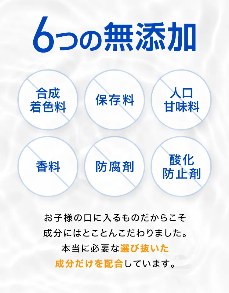 6つの無添加 合成着色料 保存料 人口甘味料 香料 防腐剤 酸化防止剤